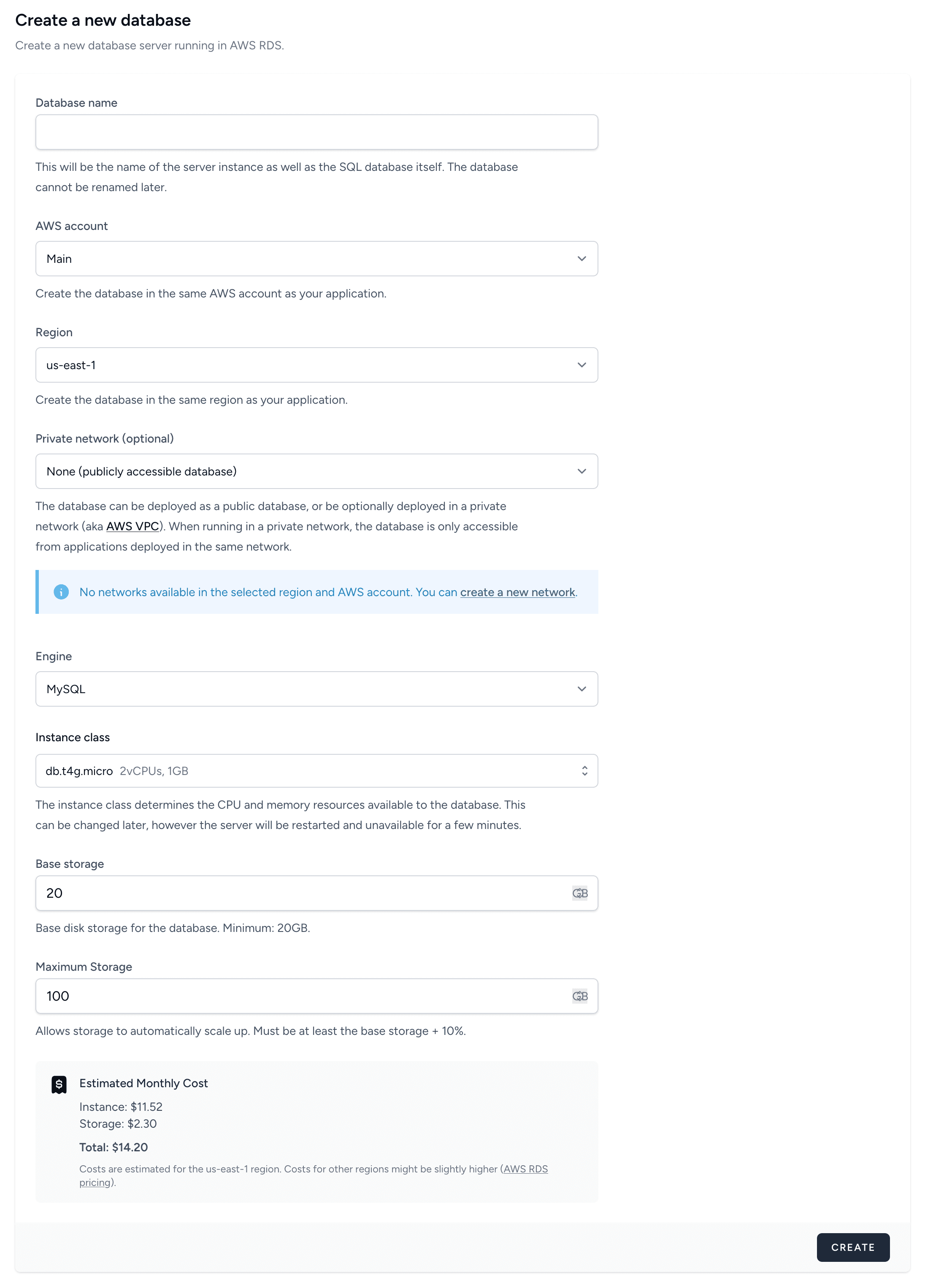 Bref Cloud create database form