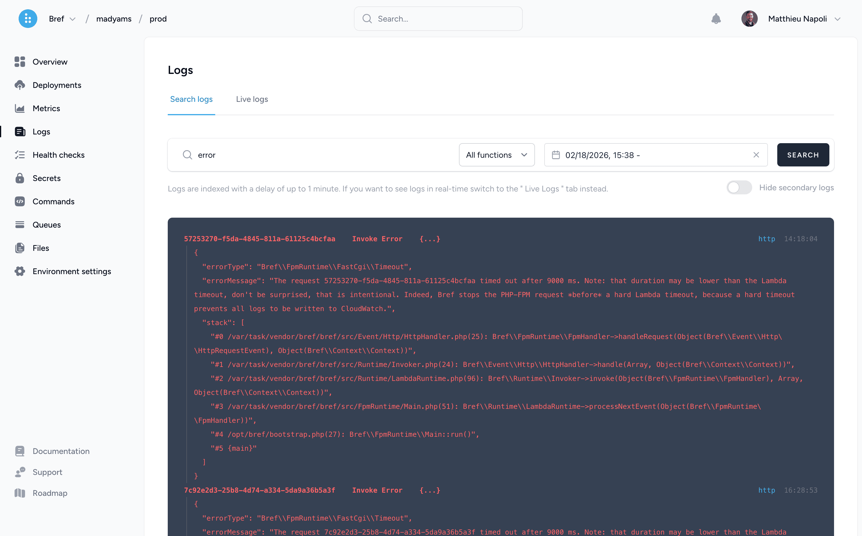 Log viewer in Bref Cloud